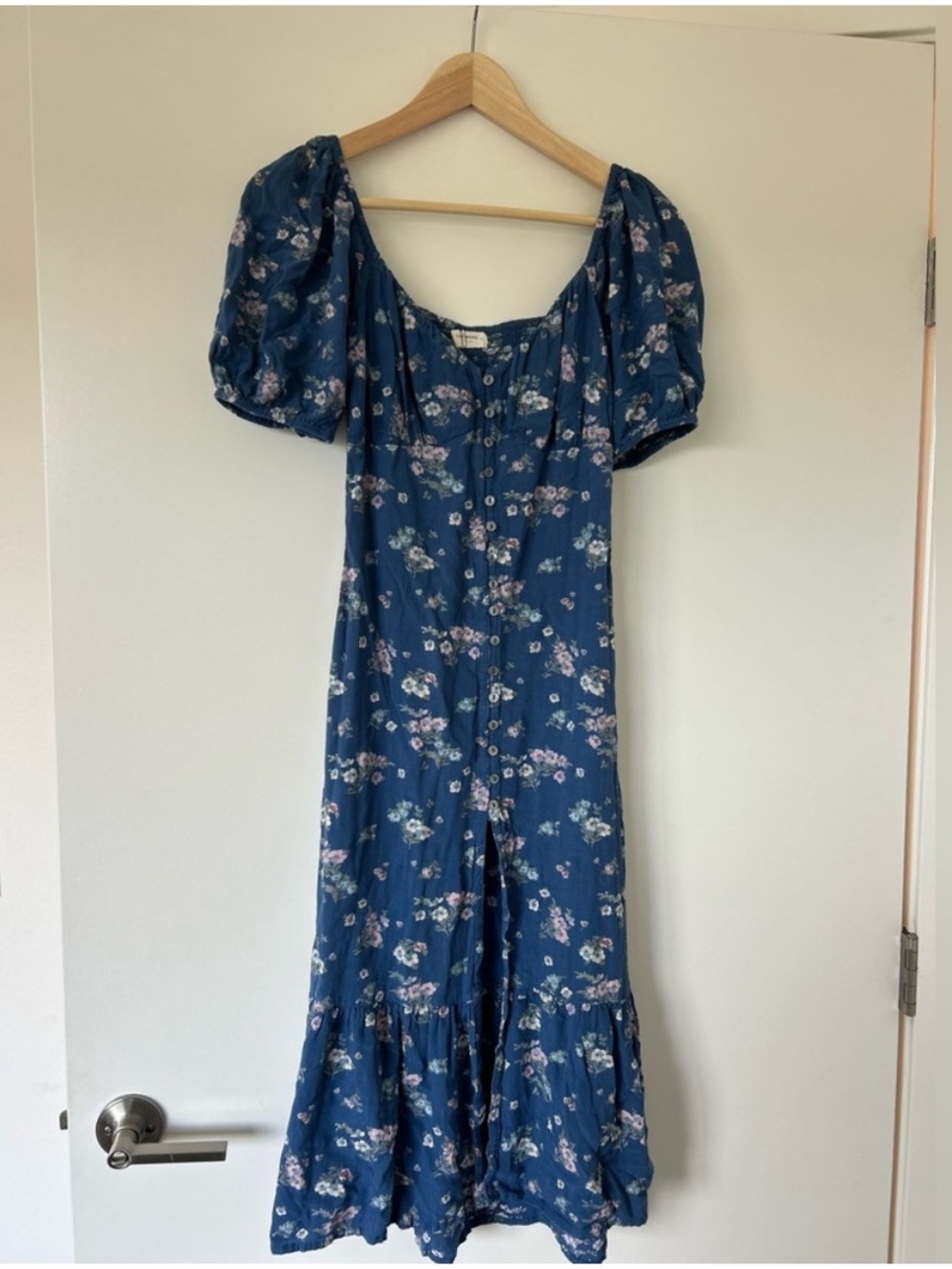 Lucky Brand True Navy Multi Floral Puff-Sleeve Midi Dress — Size S